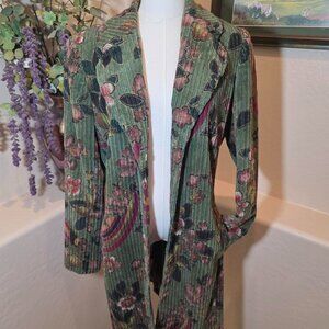 RARE Allen Schwartz Green  (Medium) corduroy floral fall coat, with pockets.